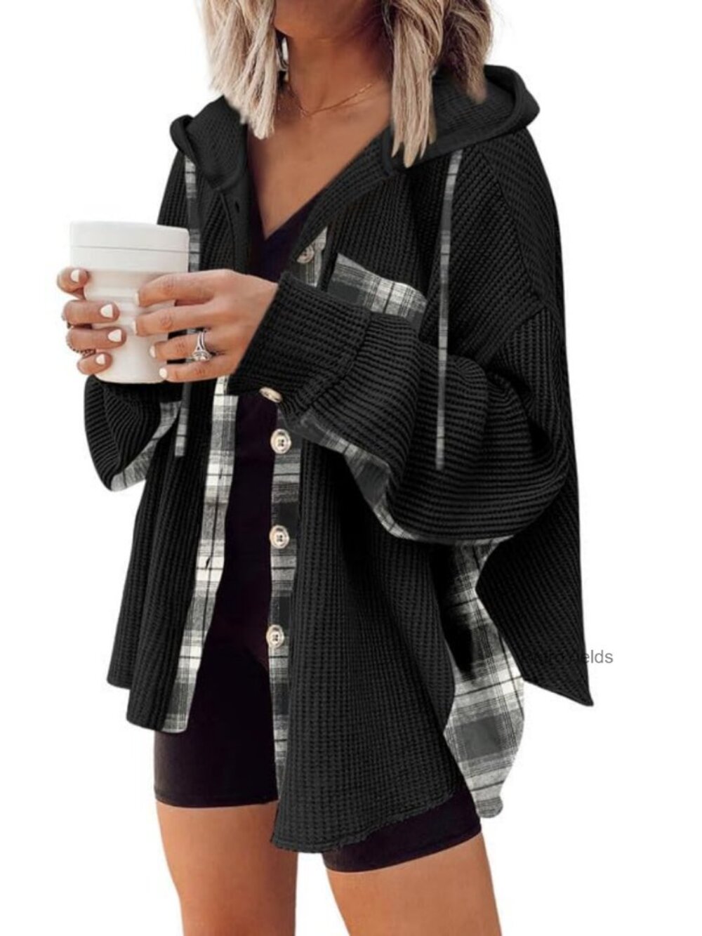 Waffle Knit Plaid Button Down Shacket Hooded Jacket Loose Long Sleeve Tops